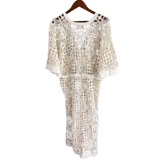 By Anthropologie Womens Cream Crochet Tie Waist V-Neck Kaftan Dress One Size - Picture 1 of 14